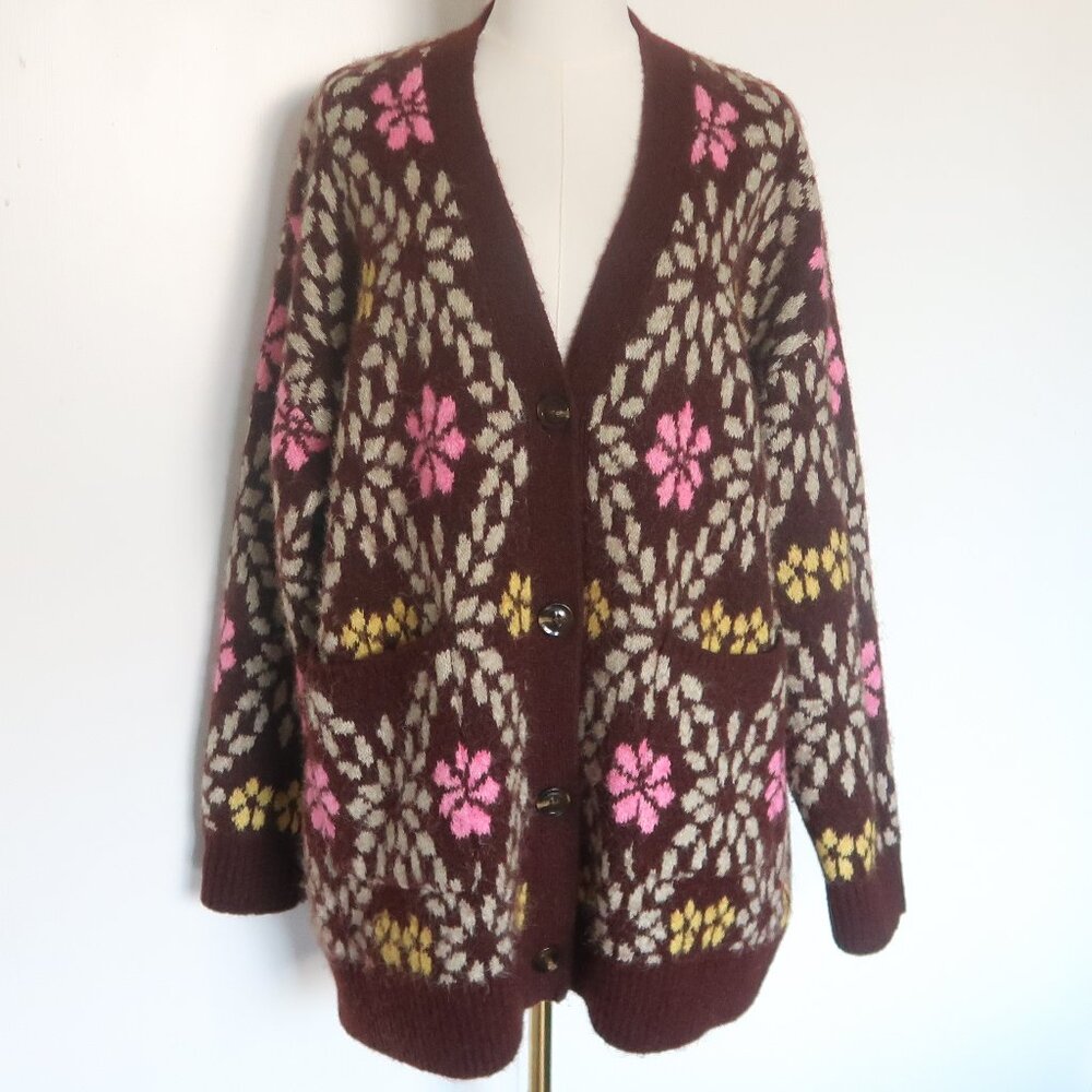 ZARA Oversized Chunky Floral Knit Cardigan Sweater Brown Pink Yellow Size M - Picture 9 of 16